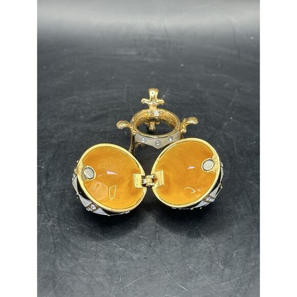 Harlequin Enameled Trinket Box Egg Shaped Black White Crystals w/ Stand - Picture 6 of 10